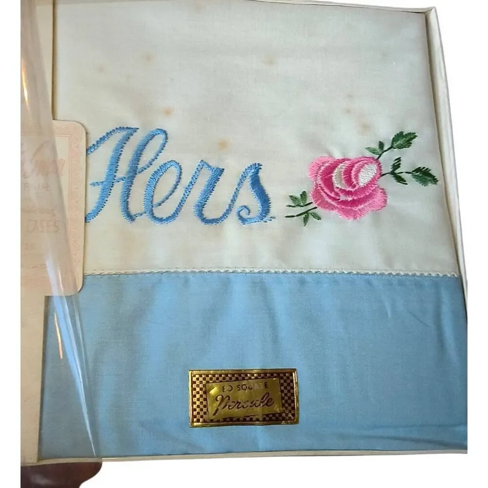 NIP Pair Of Embroidered His and Hers Vintage Pillow Cases White Blue pink floral
